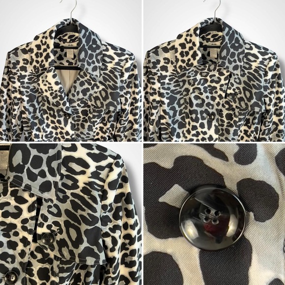 Cache Coat Womens Small Black White Leopard Print‎ Belted Trench Jacket Pockets - Picture 4 of 10